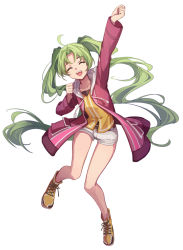Rule 34 | 1girl, ^ ^, ahoge, ao no kiseki, arm up, bare legs, black shirt, breasts, chinese commentary, closed eyes, commentary, cross-laced footwear, eiyuu densetsu, falcom, feng you, full body, green hair, hood, hooded jacket, jacket, kea (eiyuu densetsu), long hair, long sleeves, looking at viewer, open clothes, open jacket, open mouth, parted bangs, red jacket, sen no kiseki, sen no kiseki iv, shirt, shoes, short shorts, shorts, simple background, small breasts, smile, solo, thighs, twintails, undershirt, white background, white shorts, yellow footwear, yellow shirt, zero no kiseki