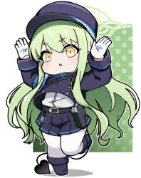 Rule 34 | 1girl, arms up, black footwear, black hat, black jacket, black skirt, blue archive, blush, boots, chibi, commentary request, demon tail, full body, gloves, green background, green hair, hair between eyes, halo, hat, hikari (blue archive), jacket, long hair, looking at viewer, nyaru (nyaru 4126), pantyhose, parted lips, peaked cap, pleated skirt, polka dot, polka dot background, shadow, shirt, skirt, solo, standing, standing on one leg, tail, thick eyebrows, two-tone background, very long hair, white background, white gloves, white pantyhose, white shirt, yellow eyes