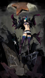 Rule 34 | 1girl, bikini, bikini top only, black hair, black rock shooter, black rock shooter (character), black rock shooter (cosplay), boots, breasts, cape, cosplay, front-tie top, hair over one eye, highres, large breasts, long hair, megurine luka, realmbw, ruins, solo, star (symbol), swimsuit, thighhighs, underboob, vocaloid