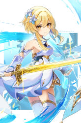 Rule 34 | 1girl, artist name, bare shoulders, blonde hair, boots, closed mouth, dress, fingerless gloves, genshin impact, gloves, hair between eyes, hair ornament, highres, holding, holding sword, holding weapon, looking at viewer, lumine (genshin impact), shimanakao (shimanaka sushi), short dress, short hair with long locks, solo, sword, thigh boots, weapon, white dress, yellow eyes