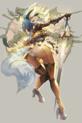 Rule 34 | 1girl, absurdres, animal ears, armor, ass, bamuth, black thighhighs, blue hair, breastplate, breasts, from behind, full body, grey background, high heels, highres, holding, holding sword, holding weapon, leg up, looking at viewer, looking back, makeup, mascara, medium breasts, medium hair, miniskirt, original, pauldrons, pinky out, shoulder armor, shoulder pads, simple background, skindentation, skirt, soles, solo, standing, standing on one leg, sword, tail, thigh strap, thighhighs, vambraces, weapon, wolf ears, wolf girl, wolf tail, yellow skirt