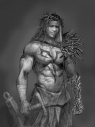 Rule 34 | 00s, 1boy, absurdres, bandana, black hair, capeldonya, chest tattoo, dissidia final fantasy, final fantasy, final fantasy x, grey theme, greyscale, highres, jecht, male focus, monochrome, muscular, realistic, sketch, smile, solo, tattoo, topless male