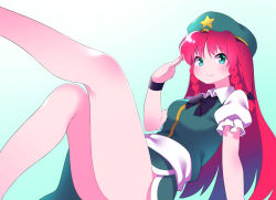 Rule 34 | 1girl, bare legs, beret, blue background, bow, bowtie, braid, breasts, chinese clothes, green eyes, green hat, hat, hong meiling, long hair, looking at viewer, medium breasts, no panties, red hair, salute, simple background, sitting, smile, solo, straight hair, thighs, touhou, twin braids, wristband, yuujin (mhhnp306), yuujin (yuzinn333)