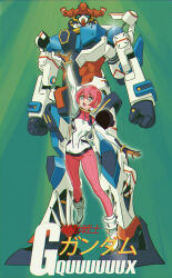 1girl absurdres amate_yuzuriha beanie bodysuit breasts copyright_name donel1216 full_body gquuuuuux green_background green_eyes gundam_gquuuuuux hat highres joints mecha mecha_pilot_suit open_mouth reaching red_bodysuit red_hair retro_artstyle robot robot_joints short_hair small_breasts standing two-tone_bodysuit unworn_headwear v-fin white_bodysuit