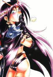 Rule 34 | 1990s (style), 1girl, araizumi rui, armlet, armor, ass, belt, bikini, blue eyes, blush, butt crack, cape, circlet, covering own mouth, earrings, from behind, gloves, grin, hand over mouth, hand over own mouth, highres, jewelry, laughing, long hair, looking back, naga the serpent, naughty face, purple hair, retro artstyle, revealing clothes, skindentation, slayers, smile, solo, swimsuit, thigh gap, thighs, turtleneck, very long hair