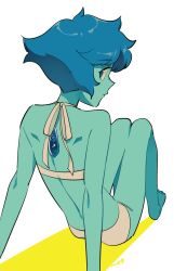 Rule 34 | 1girl, back, bikini, blue eyes, blue hair, blue skin, closed mouth, colored skin, commentary, from behind, gem, highres, knees up, lapis lazuli (gemstone), lapis lazuli (steven universe), looking at viewer, nano8, short hair, signature, simple background, sitting, solo, steven universe, swimsuit, symbol-only commentary, white bikini