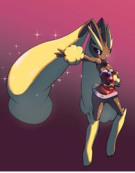 Rule 34 | 1girl, animal nose, arm up, bare shoulders, belt, black sclera, body fur, bow, bowtie, breasts, brown fur, cleavage, closed mouth, clothed pokemon, colored sclera, creatures (company), detached collar, dress, female focus, full body, fur-trimmed dress, fur trim, furry, furry female, game freak, gen 4 pokemon, gradient background, hand on own hip, happy, highres, legs, long ears, looking at viewer, lopunny, nintendo, o-ring, o-ring belt, outstretched arm, pink background, pink eyes, pokemon, pokemon (creature), pom pom (clothes), rabbit ears, rabbit girl, rabbit tail, red bow, red bowtie, red dress, sakekan, santa dress, short dress, simple background, small breasts, smile, solo, sparkle, standing, strapless, strapless dress, thighs, two-tone fur, yellow fur