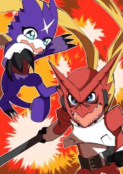Rule 34 | 2others, belt, digimon, digimon (creature), digimon xros wars, digimon xros wars: toki wo kakeru shounen hunter-tachi, gumdramon, highres, multiple others, sharp teeth, shoutmon king ver., tail, teeth, wings