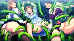 Rule 34 | 3girls, anus, aotonbo, arino yayoi, arms up, ass, blue hair, blush, bra, breasts, brown eyes, brown hair, censored, cleavage, closed eyes, clothes lift, clothes pull, clothing aside, cum, cum in pussy, forest, game cg, groin, large breasts, legs, long hair, monster, mosaic censoring, multiple girls, nature, nonokura ayumi, nonokura kayako, open mouth, original, outdoors, panties, panties aside, pantyhose, pantyhose pull, pussy, rape, restrained, shokusai no shima: island of the dead, short hair, skirt, skirt lift, small breasts, tentacles, thighs, tree, underwear