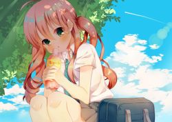 Rule 34 | 1girl, ahoge, bag, blue sky, blush, bottle, brown skirt, chestnut mouth, cloud, collared shirt, commentary request, day, diagonal-striped clothes, diagonal-striped necktie, diagonal-striped neckwear, green eyes, green necktie, hair between eyes, head tilt, holding, holding bottle, long hair, looking at viewer, necktie, orange hair, original, outdoors, parted lips, pk (mukasihasakana), pleated skirt, school bag, shaded face, shirt, skirt, sky, solo, striped clothes, striped necktie, striped neckwear, twintails, two-handed, white shirt