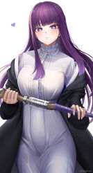 Rule 34 | 1girl, black coat, blunt bangs, blush, breasts, coat, dress, fern (sousou no frieren), highres, ironatsuki, large breasts, long hair, long sleeves, looking at viewer, off shoulder, open clothes, open coat, parted lips, purple eyes, purple hair, sidelocks, solo, sousou no frieren, staff, thighs, white dress