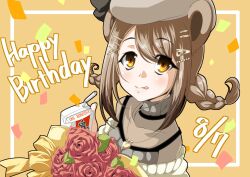 Rule 34 | 1girl, alcohol carton, animal ears, bear ears, beret, blush, bouquet, braid, brown background, brown eyes, brown hair, closed mouth, commentary request, confetti, flower, grey hat, happy birthday, hat, highres, konan mia, looking at viewer, low twin braids, nanashi inc., red flower, red rose, rose, short hair, sidelocks, smile, solo, tatamiya, twin braids, upper body, virtual youtuber
