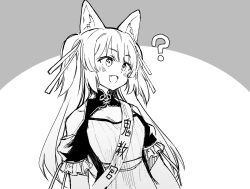 Rule 34 | .live, 1girl, ?, animal ears, blush, breasts, fang, greyscale, hair between eyes, hair ornament, highres, long hair, looking to the side, monochrome, open mouth, ouka (yama), rurun rururica, sash, simple background, small breasts, solo, virtual youtuber, wolf ears