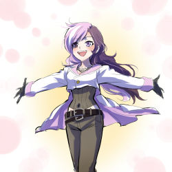Rule 34 | 1girl, :d, black pants, brown eyes, covered navel, cowboy shot, gloves, heterochromia, highres, iesupa, jewelry, long hair, multicolored eyes, multicolored hair, necklace, neo politan, open mouth, outstretched arms, pants, pink hair, purple eyes, rwby, simple background, smile, solo, split-color hair, spread arms