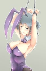 Rule 34 | 1girl, animal ears, armpits, arms up, bdsm, blue eyes, blue hair, blush, bondage, bound, bow, bowtie, breasts, chain, chained, cleavage, cuffs, detached collar, fake animal ears, female focus, fishnets, grey background, hidamari sketch, kagami uekusa, large breasts, leotard, matching hair/eyes, nori (hidamari sketch), open mouth, pantyhose, playboy bunny, rabbit ears, short hair, simple background, solo, tail