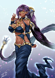 Rule 34 | 1girl, absurdly long hair, bare shoulders, blue background, blue skirt, breasts, bridal gauntlets, circlet, cleavage, collarbone, commentary request, commission, dark-skinned female, dark skin, duel monster, ear covers, earrings, eyebrows hidden by hair, facial mark, fangs, fingernails, forked tongue, groin, hair between eyes, hair over one eye, hand up, headgear, highres, jewelry, large breasts, long fingernails, long hair, long skirt, long tongue, looking at viewer, nail polish, navel, ogdoabyss the ogdoadic overlord, open mouth, outline, personification, pixiv commission, pointy ears, ponytail, purple hair, purple nails, revealing clothes, sharp fingernails, sidelocks, signature, simple background, skirt, solo, standing, stomach, stud earrings, symbol-shaped pupils, takecha, tongue, tongue out, very long hair, yellow eyes, yu-gi-oh!