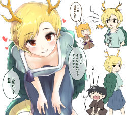 Rule 34 | &gt; &lt;, 1boy, 2girls, 3:, antlers, aqua shirt, arms behind back, black shirt, blonde hair, blue skirt, blunt bangs, blush, breasts, breath weapon, breathing fire, brown dress, child, collarbone, commentary request, cropped torso, crying, double bun, downblouse, dragon horns, dragon tail, dress, feet out of frame, fire, flying sweatdrops, from behind, grin, hair bun, hair ribbon, hanging breasts, heart, highres, horns, joutouguu mayumi, kicchou yachie, leaning forward, looking at viewer, looking back, multiple girls, nipples, no bra, open mouth, orange hair, red eyes, revision, ribbon, shirt, short hair, short sleeves, sidelocks, simple background, sitting, skirt, small breasts, smile, speech bubble, standing, tada no nasu, tail, tears, touhou, translated, upper body, white background, white ribbon