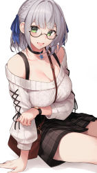 Rule 34 | 1girl, absurdres, bag, bare shoulders, between breasts, black skirt, blush, breasts, choker, cleavage, collarbone, glasses, green eyes, hair ribbon, highres, hololive, large breasts, long sleeves, looking at viewer, off-shoulder sweater, off shoulder, open mouth, ribbon, shirogane noel, short hair, shoulder bag, silver hair, sitting, skirt, smile, solo, star741, strap between breasts, sweater, thighs, virtual youtuber, white sweater