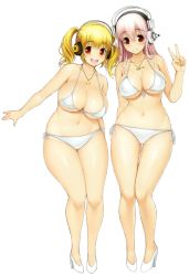 Rule 34 | 2girls, :d, artist name, bikini, blonde hair, blush, breasts, dated, front-tie top, full body, guitar, headphones, high heels, highres, huge breasts, instrument, jewelry, large breasts, long hair, looking at viewer, multiple girls, navel, necklace, nitroplus, no socks, open mouth, orange eyes, parted lips, pink hair, plump, red eyes, shoes, short twintails, side-tie bikini bottom, signature, smile, standing, star (symbol), stats, super pochaco, super sonico, swimsuit, thick thighs, thighs, tsuji santa, twintails, v, wide hips