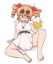 Rule 34 | 1girl, alcohol, bare arms, bare shoulders, barefoot, beer, beer mug, blush, bow, bracelet, breasts, cup, dress, drill hair, drunk, earrings, eyewear on head, full body, holding, holding cup, jewelry, looking at viewer, mizusoba, mug, necklace, no headwear, no jacket, nose blush, orange eyes, ribbon, sitting, sleeveless, sleeveless dress, solo, spread legs, squeans, sunglasses, toes, tongue, tongue out, touhou, twin drills, twintails, white dress, yorigami jo&#039;on