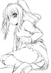 Rule 34 | 1girl, ass, blush, boots, cardigan, clothes lift, from behind, greyscale, hair bobbles, hair ornament, kirin kakeru, long hair, long sleeves, looking at viewer, monochrome, open mouth, panties, school uniform, shirt, shoes, sketch, skirt, skirt lift, solo, twintails, underwear