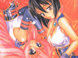 Rule 34 | 2girls, :d, black hair, blue eyes, bob cut, cross, elbow gloves, from above, gem, gloves, impossible clothes, impossible shirt, kaishaku, koutetsu tenshi kurumi, kurumi, kurumi (koutetsu tenshi kurumi), long hair, lying, multiple girls, necktie, official art, official wallpaper, on side, open mouth, pink hair, red eyes, saki (koutetsu tenshi kurumi), saki (steel angel kurumi), scan, shirt, sleeveless, sleeveless shirt, smile, strap, very long hair, wallpaper
