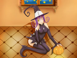 Rule 34 | 00s, blair (soul eater), boots, detached sleeves, hat, jack-o&#039;-lantern, lam, one eye closed, pumpkin, purple hair, solo, soul eater, thigh boots, thighhighs, wink, witch hat, yellow eyes