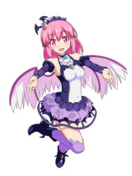 Rule 34 | 1girl, :d, alternate costume, animal ears, bare shoulders, bird wings, boots, breasts, cato (monocatienus), commentary request, detached sleeves, fang, full body, headdress, highres, looking at viewer, medium breasts, medium hair, mystia lorelei, open mouth, outstretched arms, pink eyes, pink hair, purple thighhighs, simple background, smile, solo, thighhighs, touhou, white background, wings