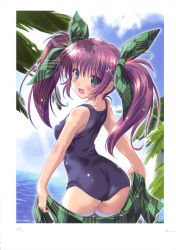 Rule 34 | 1girl, :d, absurdres, ass, black eyes, blush, breasts, green ribbon, hair ornament, hair ribbon, highres, holding, komatsu eiji, long hair, looking at viewer, looking back, ocean, open mouth, original, palm tree, purple hair, ribbon, school swimsuit, shiny skin, small breasts, smile, solo, swimsuit, thighhighs, tree, twintails, white thighhighs