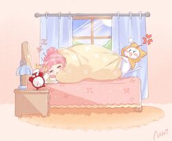 Rule 34 | 1girl, alarm clock, angry, bed, blanket, blush, carpet, cat, clock, commentary, copyright name, curtains, cushion, day, desk lamp, english commentary, indoors, lamp, long hair, momo (miracle nikki), nikki (miracle nikki), official art, parted lips, pink hair, shining nikki, signature, sky, sleeping, sun, sunlight, under covers, yellow cloak