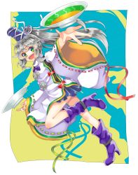 Rule 34 | 13 (spice!!), 1girl, :d, absurdres, aqua eyes, bad id, bad pixiv id, blue footwear, blue skirt, boots, full body, grey hair, hat, high heels, highres, japanese clothes, kariginu, layered clothes, leg up, long hair, looking at viewer, miniskirt, mononobe no futo, open mouth, pom pom (clothes), ponytail, ribbon-trimmed sleeves, ribbon trim, skirt, smile, solo, standing, standing on one leg, tate eboshi, touhou, wide sleeves