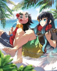 2boys alternate_costume aqua_eyes aqua_hair barefoot beach black_hair black_shirt black_shorts closed_mouth feet flower food gradient_hair green_shorts hana_ni_nare highres holding holding_food holding_instrument holding_popsicle instrument kimetsu_no_yaiba kotetsu_(kimetsu_no_yaiba) long_hair male_focus mask mask_on_head multicolored_clothes multicolored_hair multicolored_shorts multiple_boys net ocean popsicle red_shirt shirt shorts smile toes tokitou_muichirou two-tone_hair ukulele yellow_shorts