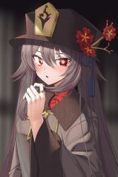 Rule 34 | 1girl, absurdres, black hair, black hat, blurry, blurry background, blush, brown jacket, commentary request, depth of field, flower, flower-shaped pupils, genshin impact, goback, hair between eyes, hand up, hat, hat flower, highres, hu tao (genshin impact), jacket, jewelry, long hair, long sleeves, looking at viewer, parted lips, red eyes, red flower, red shirt, ring, shirt, solo, symbol-shaped pupils, upper body, very long hair, wide sleeves