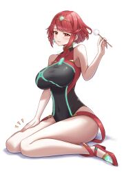 Rule 34 | 1girl, absurdres, bare legs, black one-piece swimsuit, blush, breasts, commentary, competition swimsuit, covered navel, earrings, full body, highres, jewelry, lap pillow invitation, large breasts, looking at viewer, mimikaki, one-piece swimsuit, pyra (pro swimmer) (xenoblade), pyra (xenoblade), red eyes, red footwear, red hair, red one-piece swimsuit, sitting, solo, swept bangs, swimsuit, taro (peach taro51), tiara, two-tone swimsuit, wariza, xenoblade chronicles (series), xenoblade chronicles 2