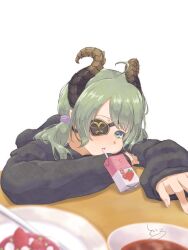 Rule 34 | 1girl, ahoge, black hoodie, blue eyes, blurry, blurry foreground, blush, brown horns, commentary request, curled horns, curry, eyepatch, food, fork, fruit, green hair, highres, hood, hood down, hoodie, horns, juice box, long sleeves, looking at viewer, low twintails, medium bangs, medium hair, nanashi inc., open mouth, pink nails, plate, sekishiro mico, simple background, solo, strawberry, table, transparent background, twintails, upper body, virtual youtuber, yunagi teguru
