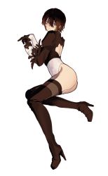 Rule 34 | 1girl, 2b (nier:automata), 2b (nier:automata) (cosplay), adventurer (ff14), ass, back cutout, black gloves, black hair, blue eyes, blush, boots, brown footwear, brown gloves, brown hair, brown thighhighs, clothing cutout, cosplay, feather-trimmed sleeves, feather trim, final fantasy, final fantasy xiv, gloves, gradient hair, grey background, hair between eyes, heattech leotard, high heel boots, high heels, highres, kojimarie, looking at viewer, looking back, lying, multicolored hair, nier:automata, nier (series), on side, puffy sleeves, short hair, simple background, skindentation, solo, thigh boots, thighhighs, turtleneck, warrior of light (ff14), white gloves