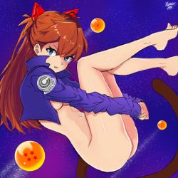 Rule 34 | 1girl, artist request, ass, barefoot, blue eyes, breasts, brown hair, capsule corp, cosplay, dragon ball, dragon ball (object), dragonball z, fetal position, floating, glowing, jacket, logo, long hair, looking at viewer, medium breasts, monkey tail, naked jacket, navel, neon genesis evangelion, ryness, shiny skin, souryuu asuka langley, space, tail, thighs, trunks (dragon ball) (cosplay), two side up