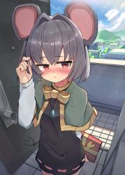 Rule 34 | 1girl, animal ears, blue sky, blush, bow, bowtie, breasts, capelet, city, closed mouth, cloud, commentary request, cowboy shot, crystal, day, door, doorway, dress, gift, green capelet, grey dress, grey hair, hair between eyes, hair intakes, heart, heart tail, highres, holding, holding gift, jewelry, long sleeves, looking at viewer, mouse ears, mouse girl, mouse tail, nazrin, outdoors, pendant, pov doorway, red eyes, semotaretare, shirt, short hair, sky, small breasts, solo, sunlight, tail, touhou, valentine, white shirt, yellow bow, yellow bowtie