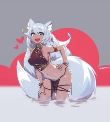 Rule 34 | 1girl, :d, animal ear fluff, animal ears, armlet, armpits, bare shoulders, bent over, bracelet, breasts, commentary request, crop top, dark skin, dark-skinned female, deel (rkeg), covered erect nipples, fang, fox ears, fox girl, fox tail, green eyes, green nails, grey background, hand on own hip, hand on own thigh, heart, highres, jewelry, large breasts, long hair, looking at viewer, midriff, nail polish, navel, open mouth, original, pelvic curtain, revealing clothes, silver hair, sleeveless, smile, solo, standing, stomach, tail, thigh strap, thighs, very long hair, wading, water