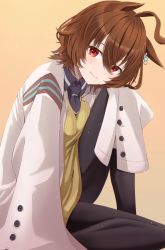 Rule 34 | 1girl, agnes tachyon (umamusume), animal ears, bad id, bad pixiv id, black necktie, black pants, black shirt, blush, brown background, brown hair, coat, collared shirt, commentary request, hair between eyes, head tilt, highres, horse ears, horse girl, looking at viewer, necktie, pants, red eyes, ryouta (ryouta335), shirt, short hair, simple background, sitting, sleeves past wrists, smile, solo, umamusume, vest, white coat, yellow vest