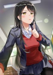 Rule 34 | 1girl, arm support, black hair, blazer, blue jacket, blue skirt, blush, cardigan, collared shirt, finger to mouth, from below, hand up, highres, index finger raised, indoors, jacket, leaning forward, long hair, long sleeves, niwata0, original, parted lips, pleated skirt, red cardigan, school uniform, shirt, shushing, skirt, solo, white shirt, window, yellow eyes