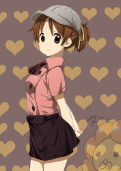 Rule 34 | 1girl, arms behind back, bad id, bad pixiv id, brown eyes, brown hair, hair ribbon, hat, heart, heart background, hirasawa ui, k-on!, looking at viewer, mister donut, official style, pon de lion, ponytail, ragho no erika, ribbon, skirt, smile, solo