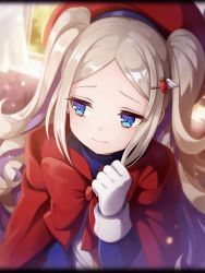 Rule 34 | 1girl, artist request, blonde hair, blue eyes, bow, cape, gloves, hair ornament, hairclip, hat, long hair, looking to the side, naegling, official art, phantom of the kill, red bow, red cape, red hat, twintails, white gloves