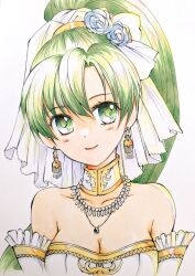 Rule 34 | 1girl, breasts, bride, bride (fire emblem), chika 1, cleavage, dress, earrings, fire emblem, fire emblem: the blazing blade, fire emblem heroes, flower, green hair, high ponytail, jewelry, large breasts, lyn (bridal) (fire emblem), lyn (fire emblem), nintendo, official alternate costume, rose, strapless, strapless dress, wedding dress, white background, white dress, white flower, white rose