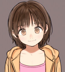 Rule 34 | 1girl, bad id, bad twitter id, brown eyes, brown hair, camisole, commentary request, grey background, hood, hoodie, looking at viewer, open clothes, open hoodie, original, pink camisole, rustle, short hair, simple background, sketch, smile, solo, upper body
