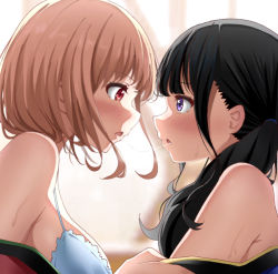 Rule 34 | 2girls, after kiss, backlighting, bare shoulders, black hair, blue bra, blunt bangs, blush, bra, breasts, brown hair, eye contact, from side, highres, inoue takina, large breasts, long hair, looking at another, low twintails, lycoris recoil, multiple girls, nishikigi chisato, poa mellhen, profile, purple eyes, red eyes, saliva, saliva trail, short hair, sideboob, twintails, underwear, upper body, yuri