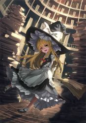 Rule 34 | 1girl, apron, arms behind back, bad id, bad twitter id, black dress, blonde hair, book stack, bookshelf, braid, broom, dress, geeto gaadian, hair ribbon, hat, indoors, kirisame marisa, library, long hair, looking at viewer, mary janes, puffy short sleeves, puffy sleeves, ribbon, shoes, short sleeves, single braid, smile, solo, touhou, tress ribbon, voile, witch hat, yellow eyes