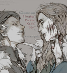 Rule 34 | 1boy, 1girl, a song of ice and fire, animification, bad id, bad pixiv id, blood, blue eyes, brown hair, catelyn stark, catelyn tully, facial hair, grey hair, lady stoneheart, long hair, mustache, petyr baelish, scar, spoilers, stubble, wavesheep, zombie