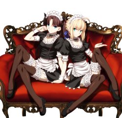 Rule 34 | 2girls, absurdres, ahoge, artoria pendragon (all), artoria pendragon (fate), fate/stay night, fate (series), full body, headdress, high heels, highres, huge filesize, long legs, maid, mary janes, multiple girls, official alternate costume, saber (fate), shoes, takeuchi takashi, thighhighs, tohsaka rin, transparent background