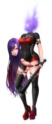 Rule 34 | 1girl, absurdres, baton, baton (weapon), black thighhighs, breasts, commentary, dullahan, english commentary, erection, existence, expandable baton, full body, futanari, game cg, goth fashion, high heels, highres, holding, holding head, holding weapon, jewelry, long hair, looking at viewer, monster girl, nail polish, necklace, open mouth, penis, pinchuu, purple eyes, purple hair, red footwear, simple background, solo, standing, testicles, thighhighs, uncensored, veins, veiny penis, very long hair, weapon, white background